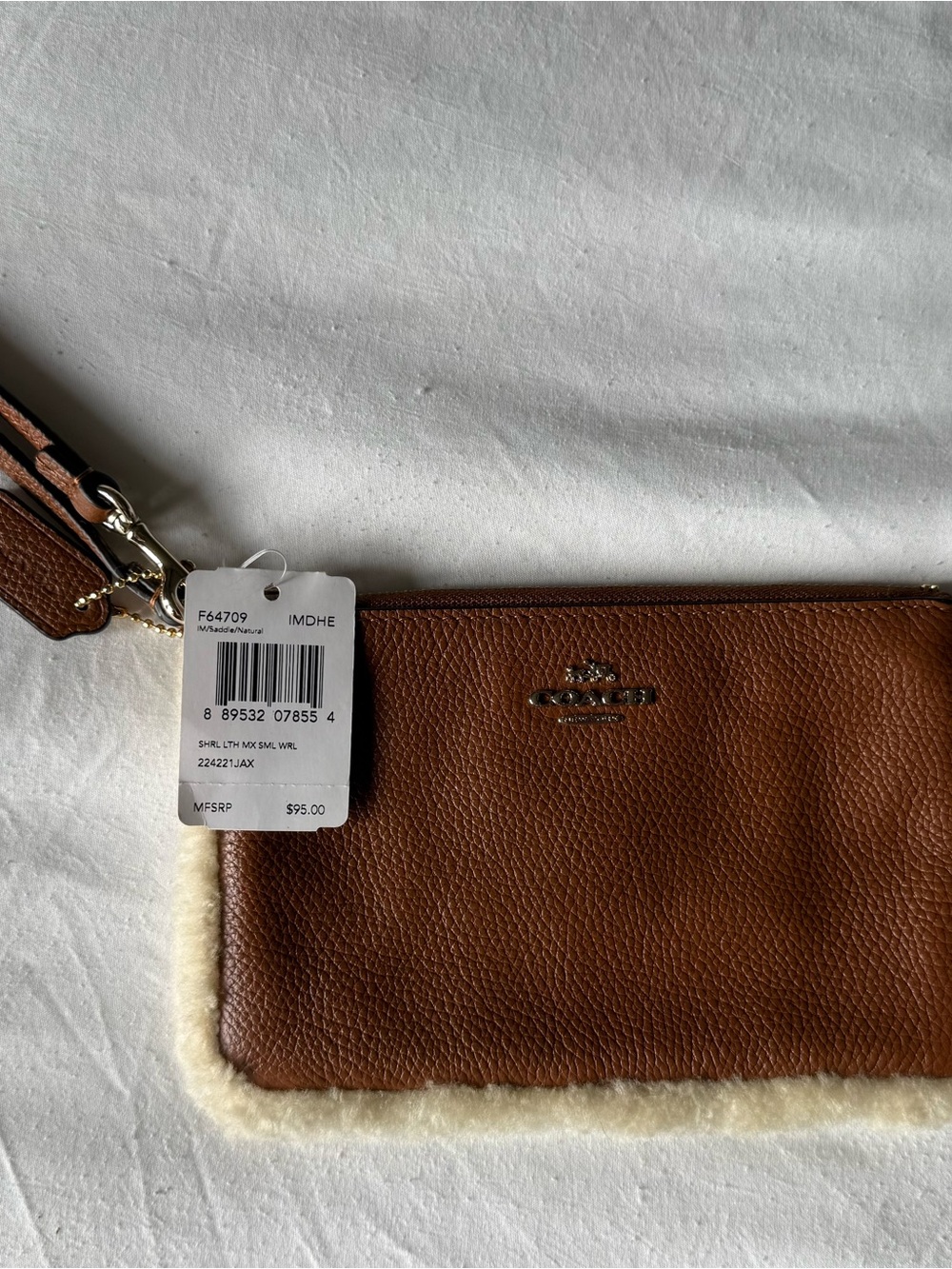 Coach Brown Leather Wristlet with Cream Shearling Trim